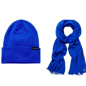 Calvin Klein Women's Foldover-Cuff Royal Blue Beanie & Scarf Set